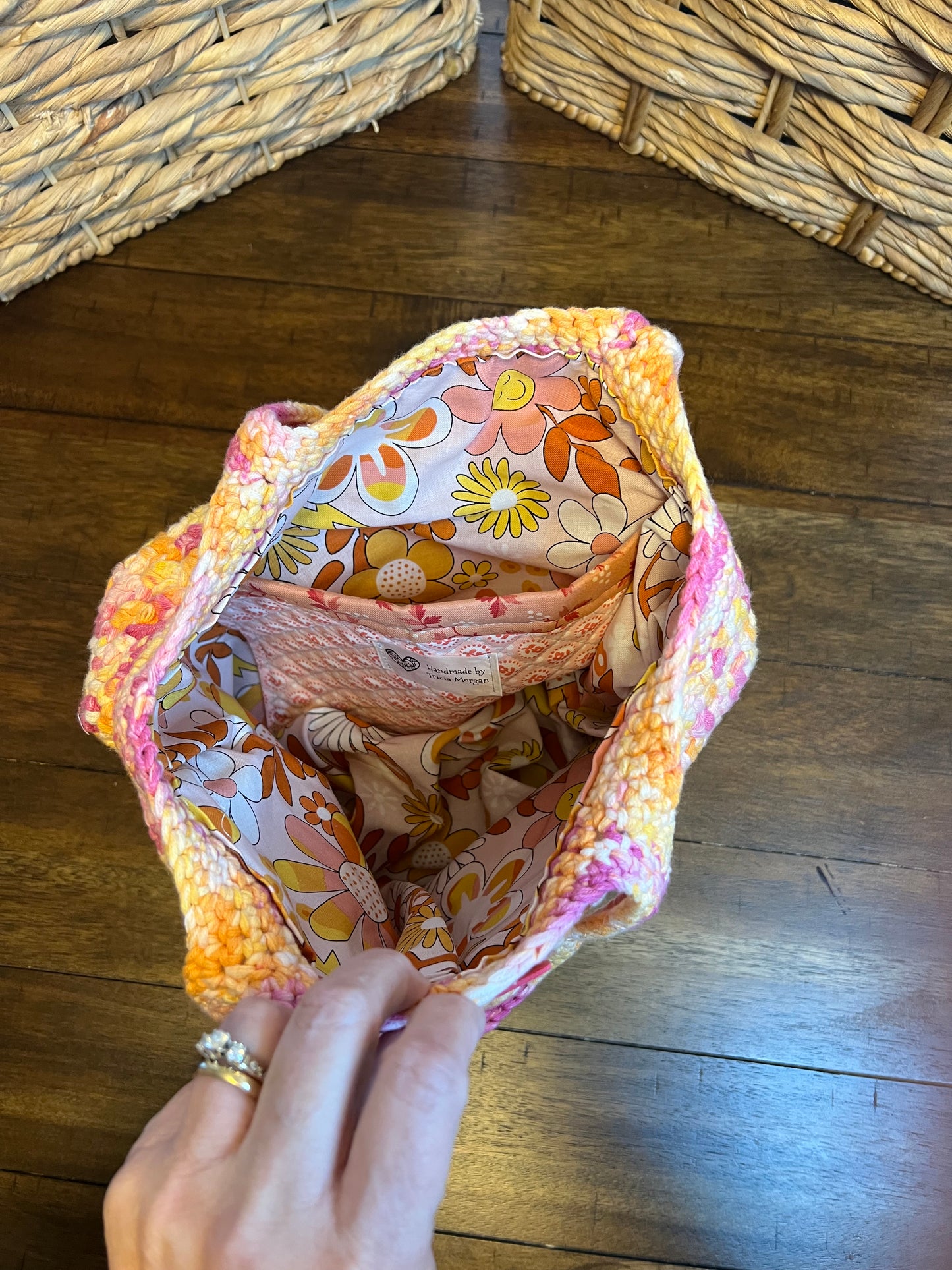 Crochet bucket bag pink/orange mulit with lining