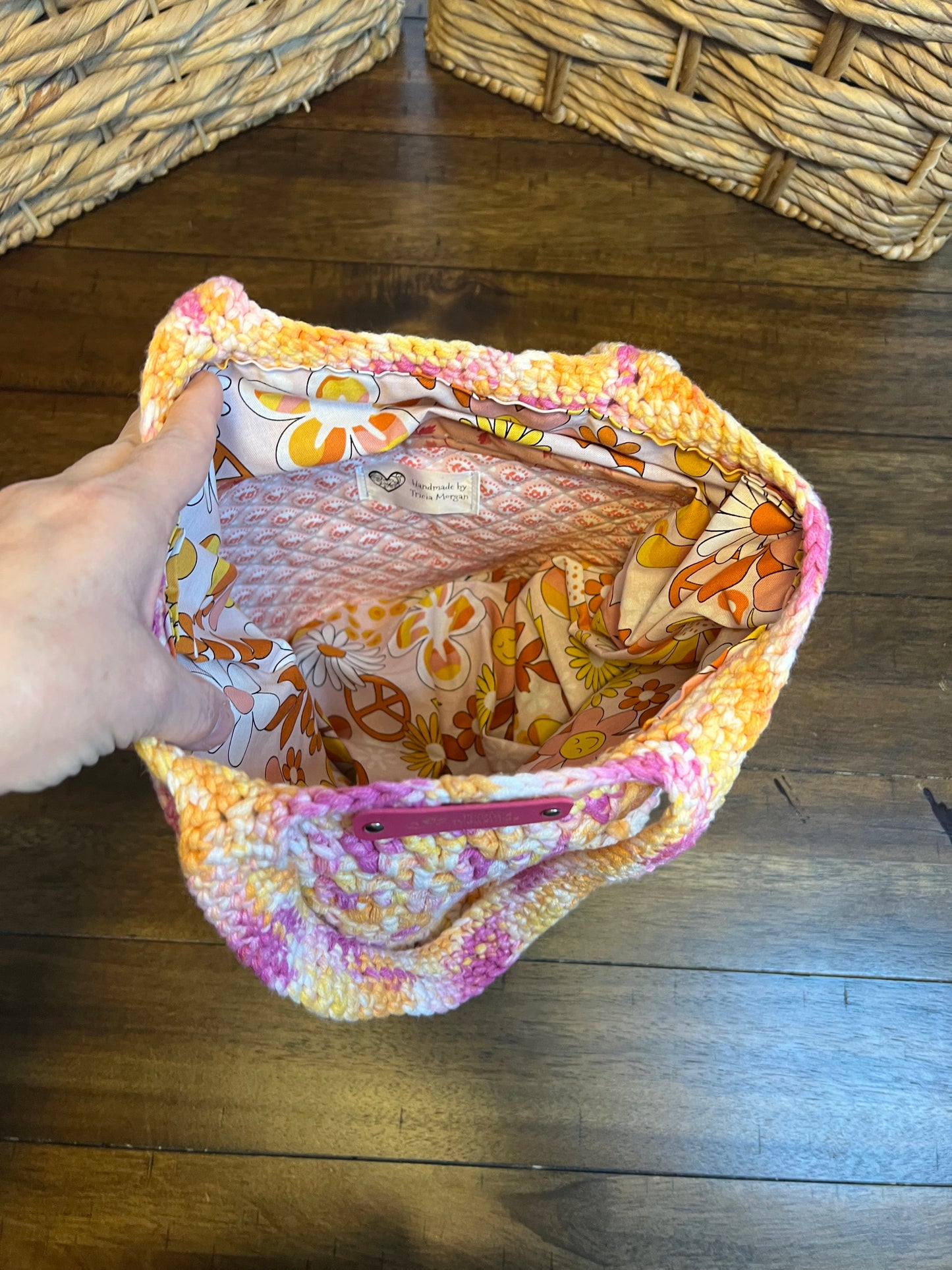 Crochet bucket bag pink/orange mulit with lining
