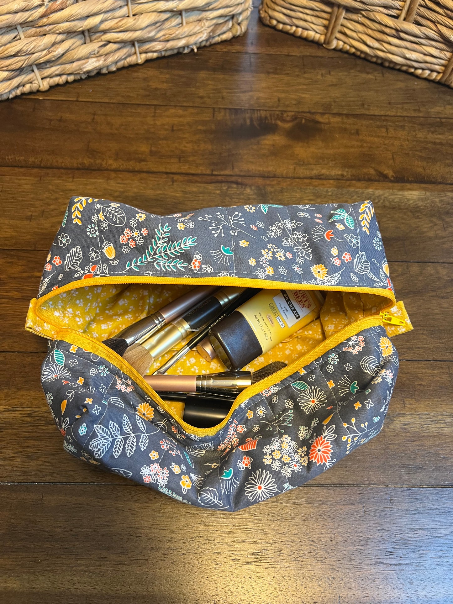 Large Makeup bag Gray with bright floral print