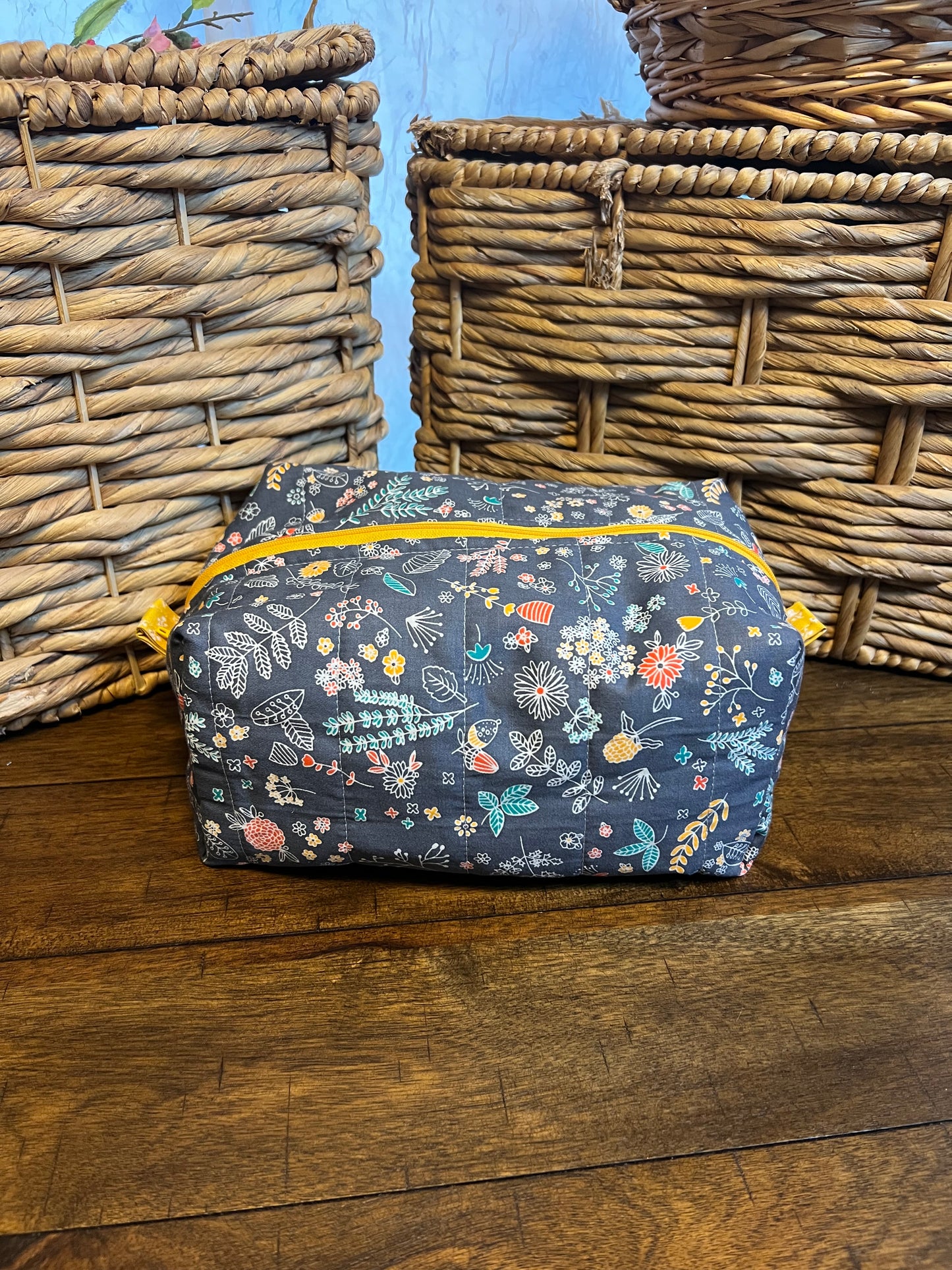 Large Makeup bag Gray with bright floral print
