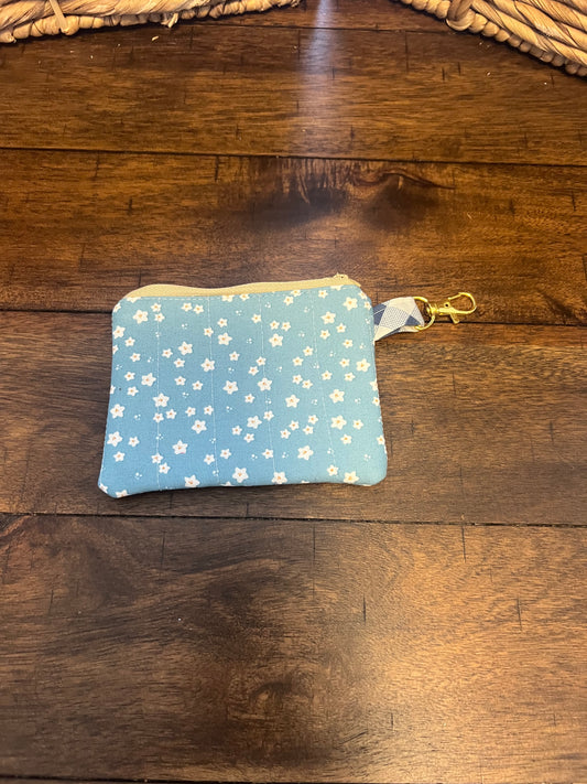 Keychain wallet with tan zipper and denim gingham liner