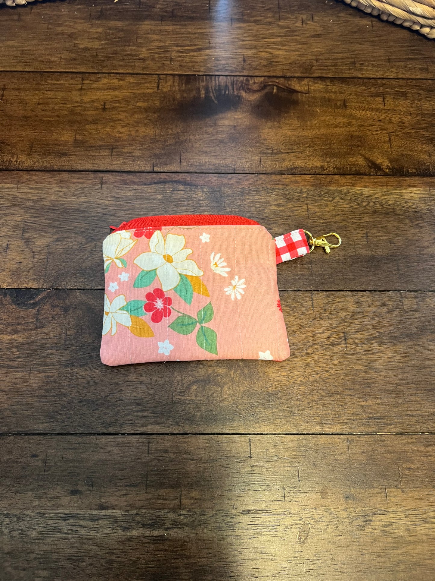Keychain wallet Peach Floral Fantasy with Red Gingham liner