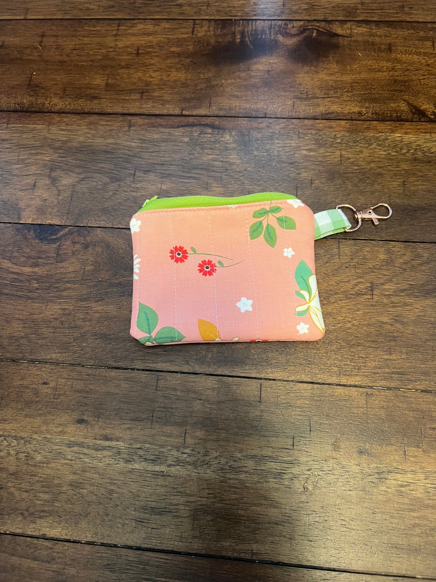 Keychain wallet Peach floral fantasy with green gingham liner