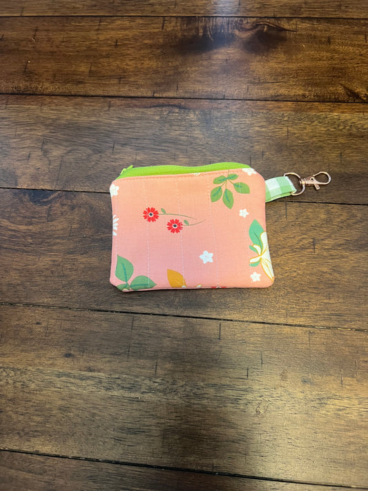 Keychain wallet Peach floral fantasy with green gingham liner